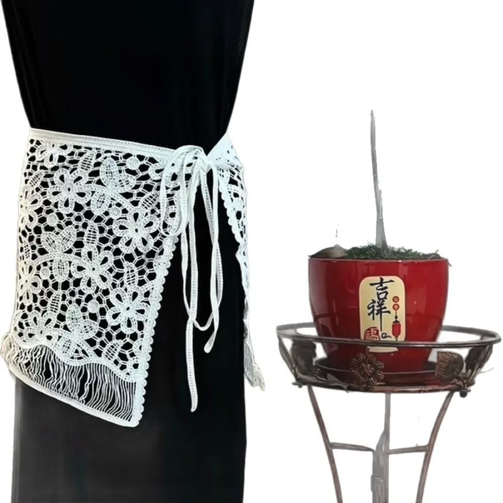 

Lace Up Triangle Hip Scarf White Lace Trim Detachable Crochet Short Skirt Wrap Versatile Sophisticated Embroidery Waist Belt