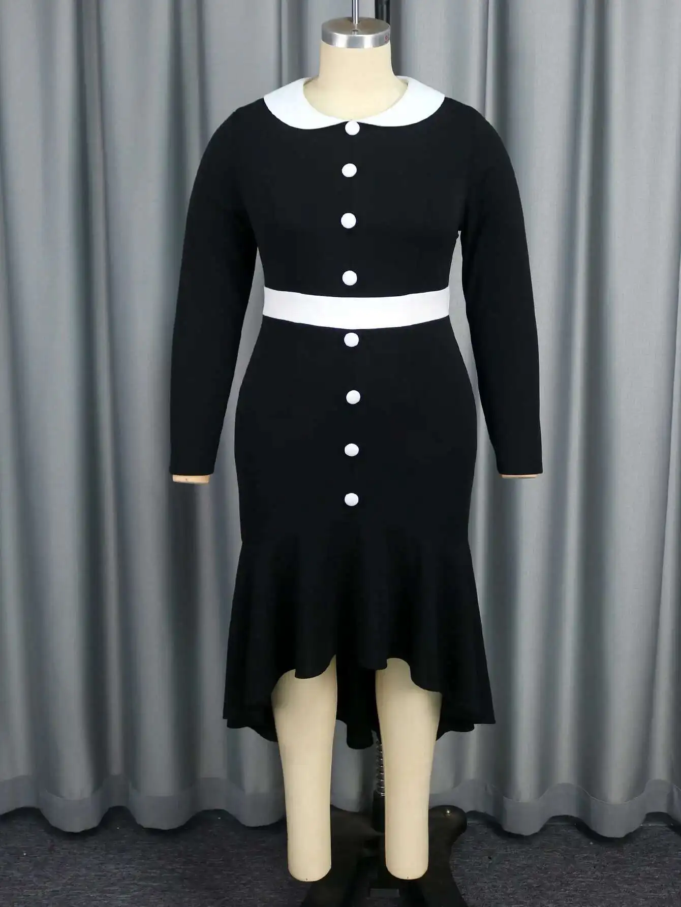 

Plus Size Long Sleeve Dress Fashion Doll Collar Fake Buttons High Waist Slim Fit Bodycon Mermaid Dress Vestido Women Elegant 1