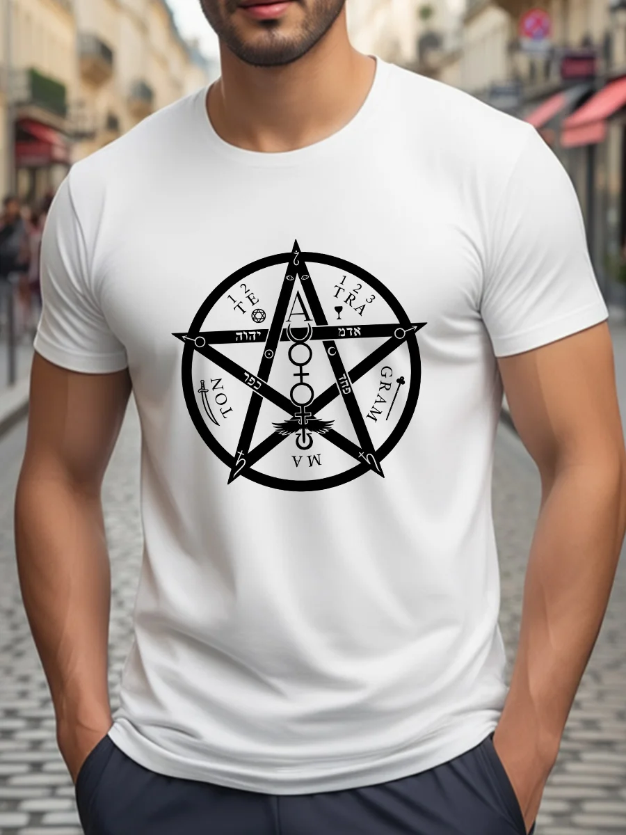 White Short Sleeve T-Shirt with Black Pentagram Symbol and Text Design, Classic Crew Neck Casual Tee for Men