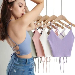 Women's Halter Tops Lace-up Tie Back Ribbed Knit Tank Tops Sleeveless Crop Tops for Teengirls 2024 Summer Sexy Club Outfit