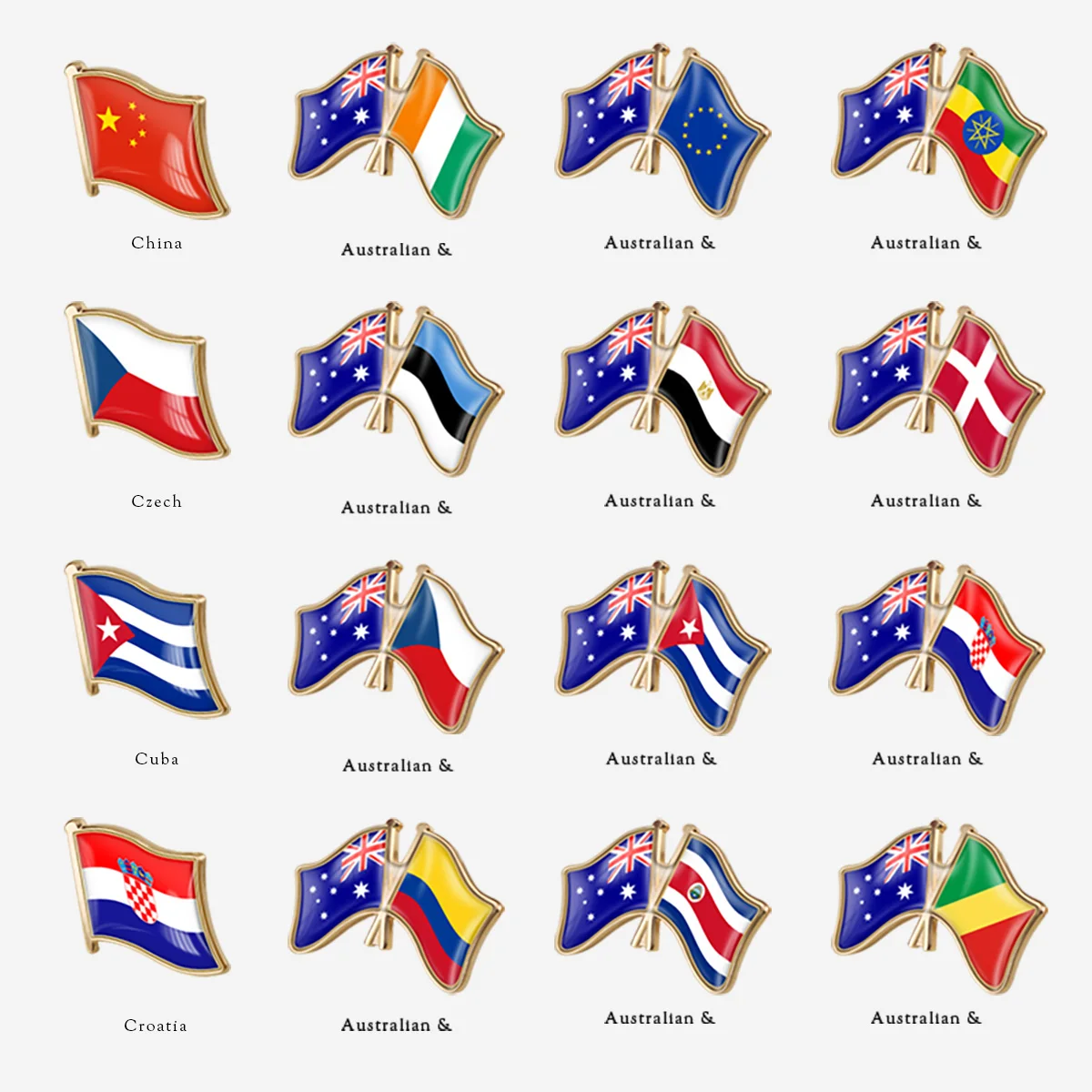 Australia and China Colombia Congo Croatia Comoros Cuba Czech Cote d'Ivoire Egypt Estonia Denmark Dominica Flag Lapel Pins Badge