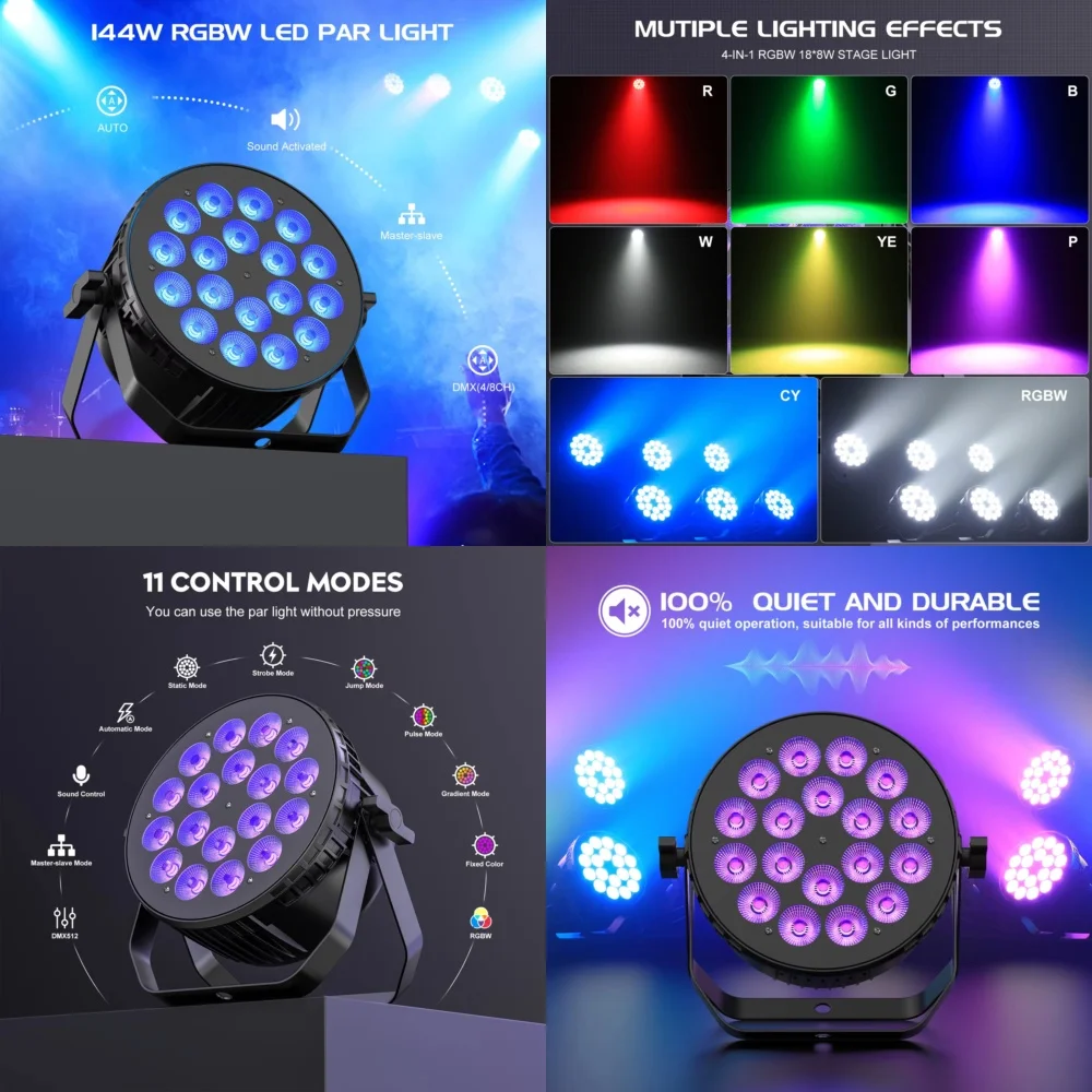 18X8W RGBW LED Stage PAR Light DMX512 Control for Event Wedding Church Party Stage Lighting DJ Booth Disco Bar Home Theater