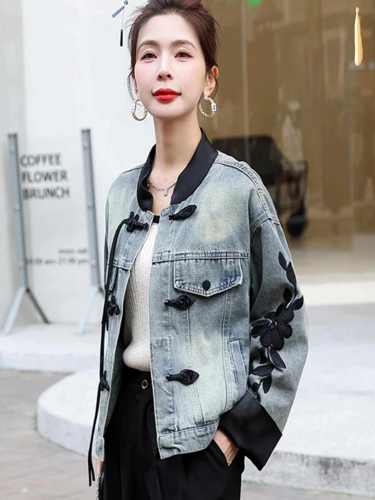 Brodé boutonné ort ample femmes Denim Jaet chinois Sle haut cousu conception florale décontracté trajet Faion