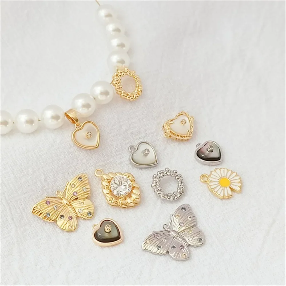 

14-каратное позолоченное циркониевое кольцо в форме бабочки, дугообразный перламутр, кулон в форме сердца с закрытым кольцом в горошек, аксессуар «сделай сам»