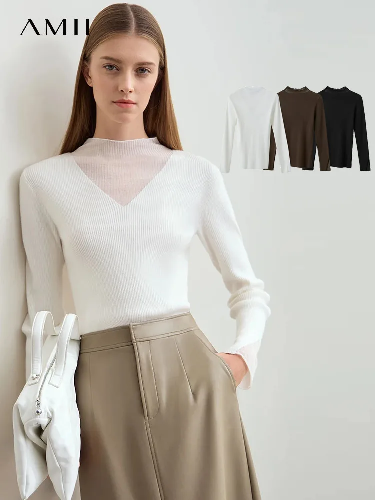 AMII Minimalist Women's Turtleneck Slim Sweater 2024 Winter Collection Sheer Panel Versatile Elegant Base Layer Top 12444241