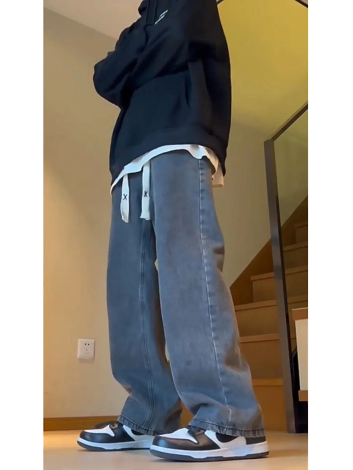 

Bla ey Fce Lined Jeans Men's Autumn Winter Straight American Sle Long Pants Youth Trendy Wear Resistant Cotton Polye...