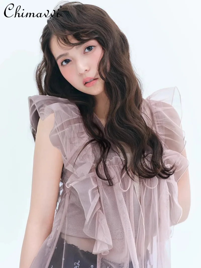 

Summer Sweet Lotus Leaf Edge Solid Color V-neck Bow Strap Semi-transparent Tulle Fly-sleeved Top For Women