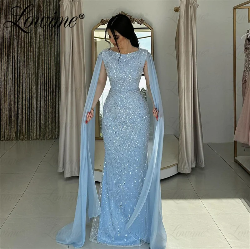 Abendkleider Blue Mermaid Prom Dresses 2024 Customize Arabic Dubai Beaded Formal Evening Gowns For Women Cape Sleeve Party Dress