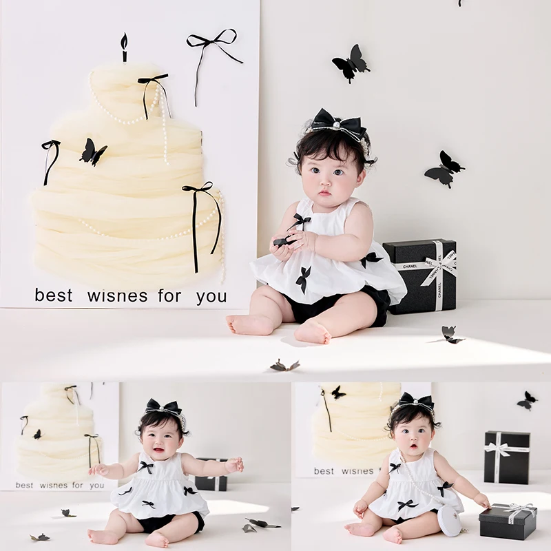 French Style Birthday Dress Newborn Photography Props 3-4 Month Baby Girl Outfits Birthday Gift Box Studio Photography SceneProp