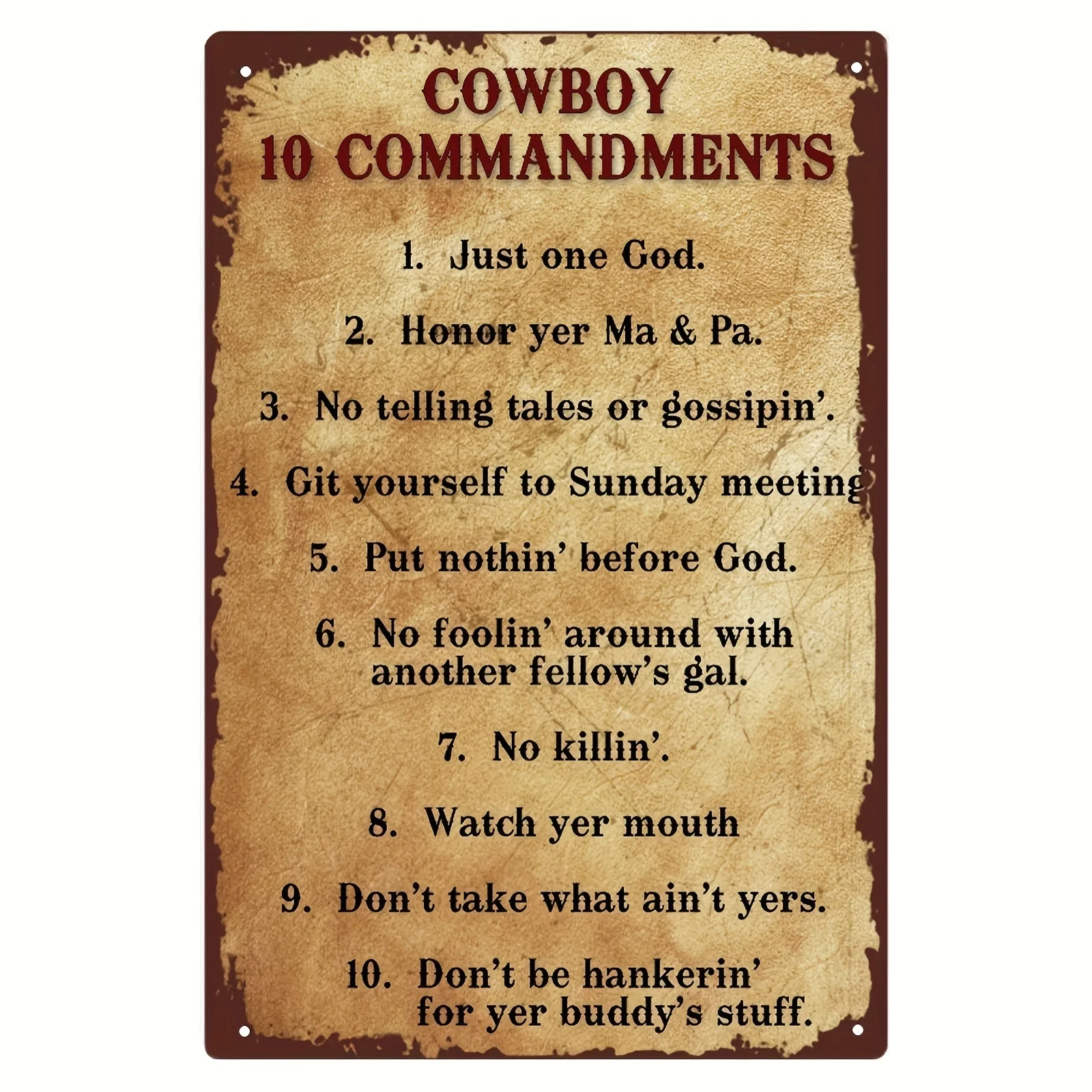 CIFBUY Vintage Distressed Western Rustic Aluminum Wall Art Waterproof Wear Resistant Funny Cowboy Ten Commandments Home Bar Man