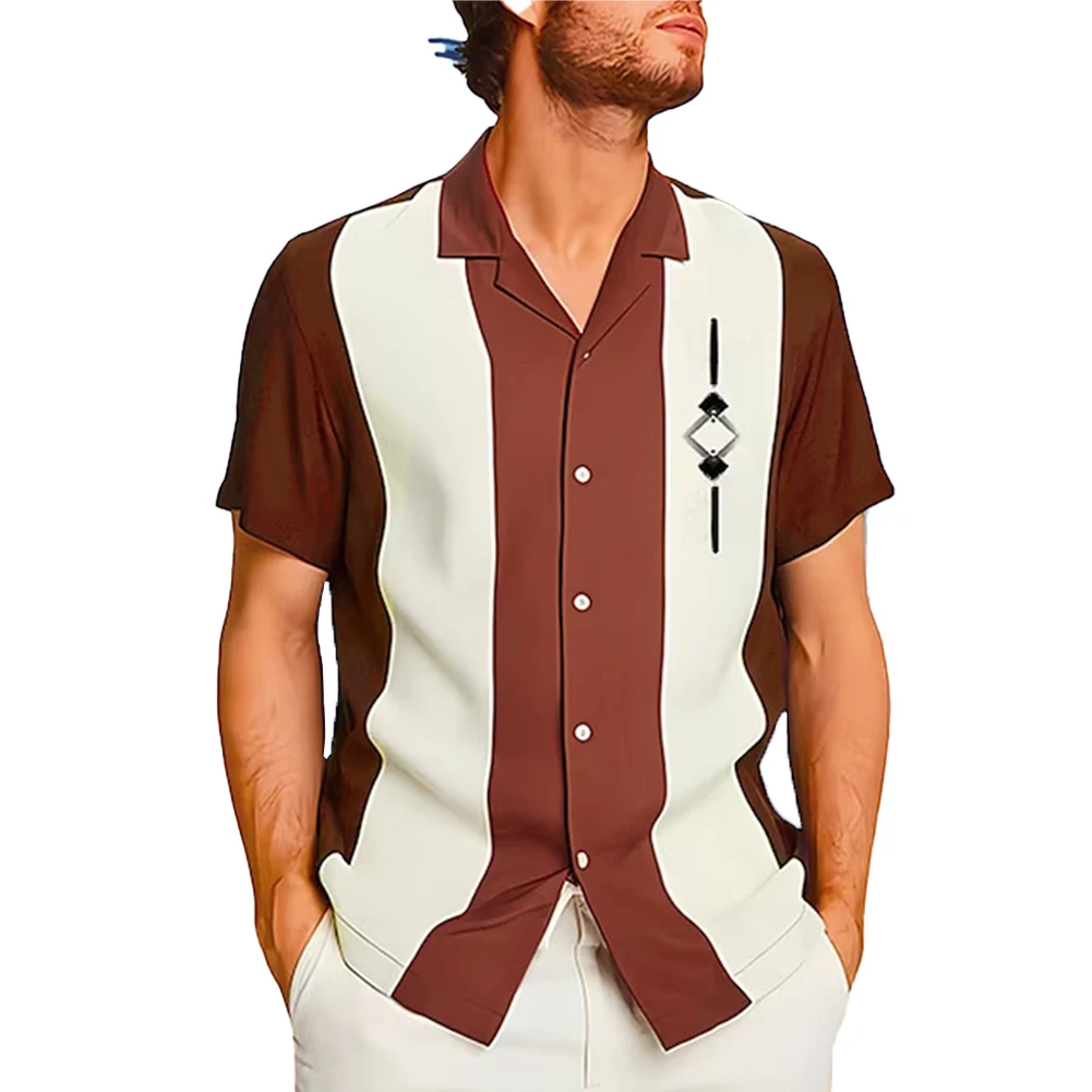 

Рубашка мужская в полоску, гавайская свободная, с коротким рукавом, винтажная, с пуговицами для боулинга, для праздника/Вечеринки, лето