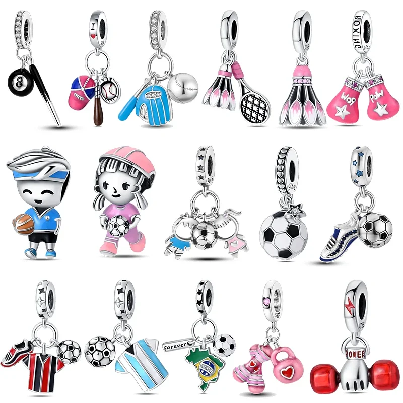 

100% 925 Sterling Silver Sports Collection Boxing Football Baseball Badminton Charms Fit Pandora Bracelet DIY Jewelry Making