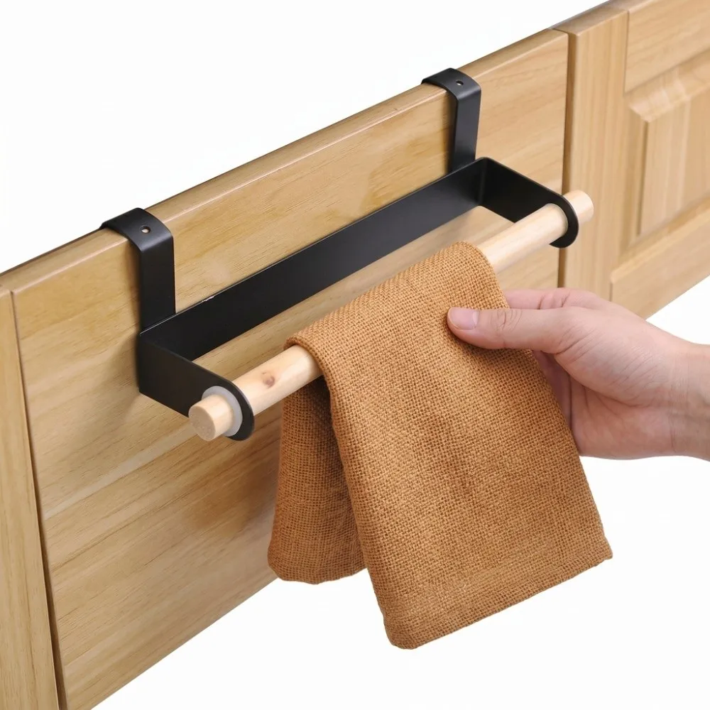 

Iron Wood Towel Rack Black Hanging Towel Holder Space Saving Rustproof Dish Towel Bar Bathroom Kitchen Laundry Room Bedroom