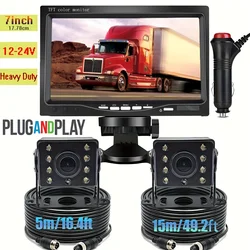 7inch Monitor 2x Backup Camera 12-24V 8LED IR Rear/Front/Left/Right View Truck Camera HD Display Full Set Parking Reverse System