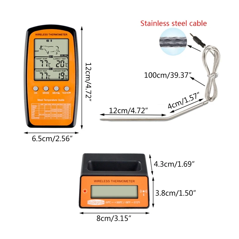 Digital BBQ Dual Probe Thermometer Portable Wireless Kitchen Cooking Thermometer Dropship