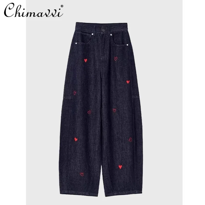 

2024 New Autumn and Winter Casual Loose Versatile Love Printed Denim Wide Legs High Waist Skinny Fashion Straight Pants Women