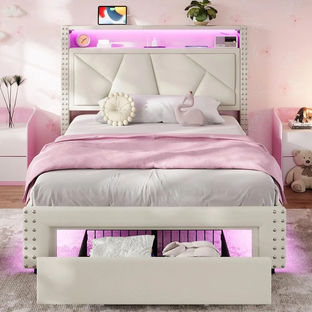 

Twin Bed Frames with LED Lights, Upholstered Platform Bed Frame Twin Size with Storage Headboard and Charging Stati