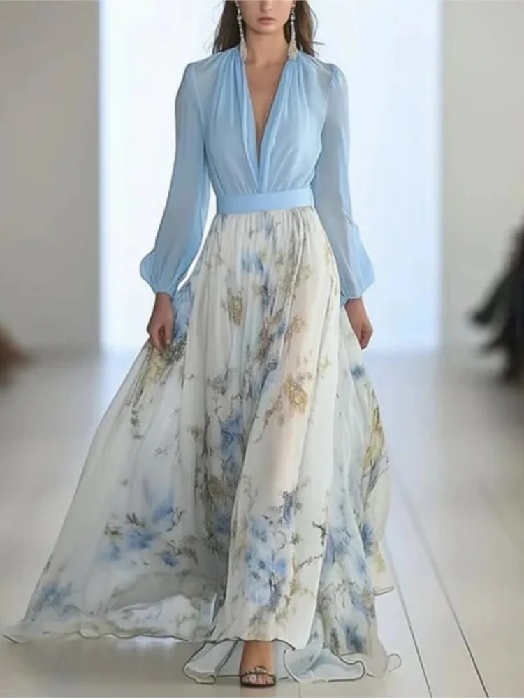 

Fashion Digital Print Long-sleeved V-neck Stitching Long Skirt Women's Summer Elegant Style Personality High-waisted Tie Dresses