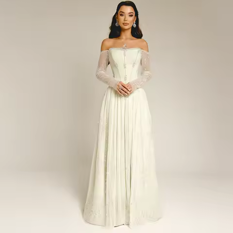 Customized A-Line Off the Shoulder Formal Saudi Arabia Evening Dress Long Beaded Prom Gowns Simple Long Sleeves Party Dress