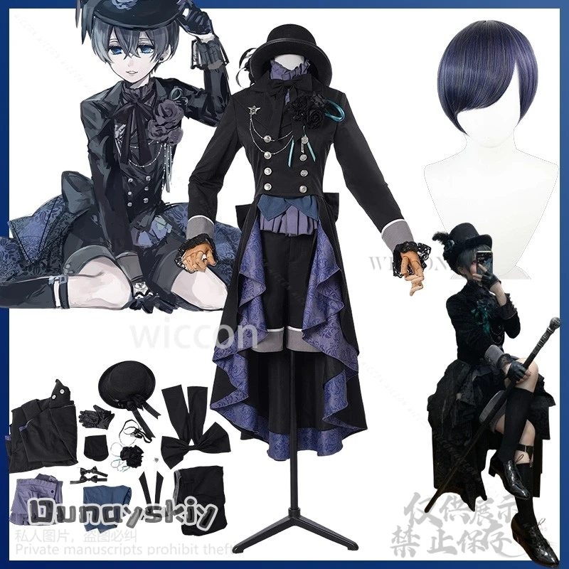 

Black Anime Butler Cosplay Ciel Black Rose Costume Court Vintage Gothic Dresses Hat Gorgeous Lolita Dark Styles Wigs Role-play