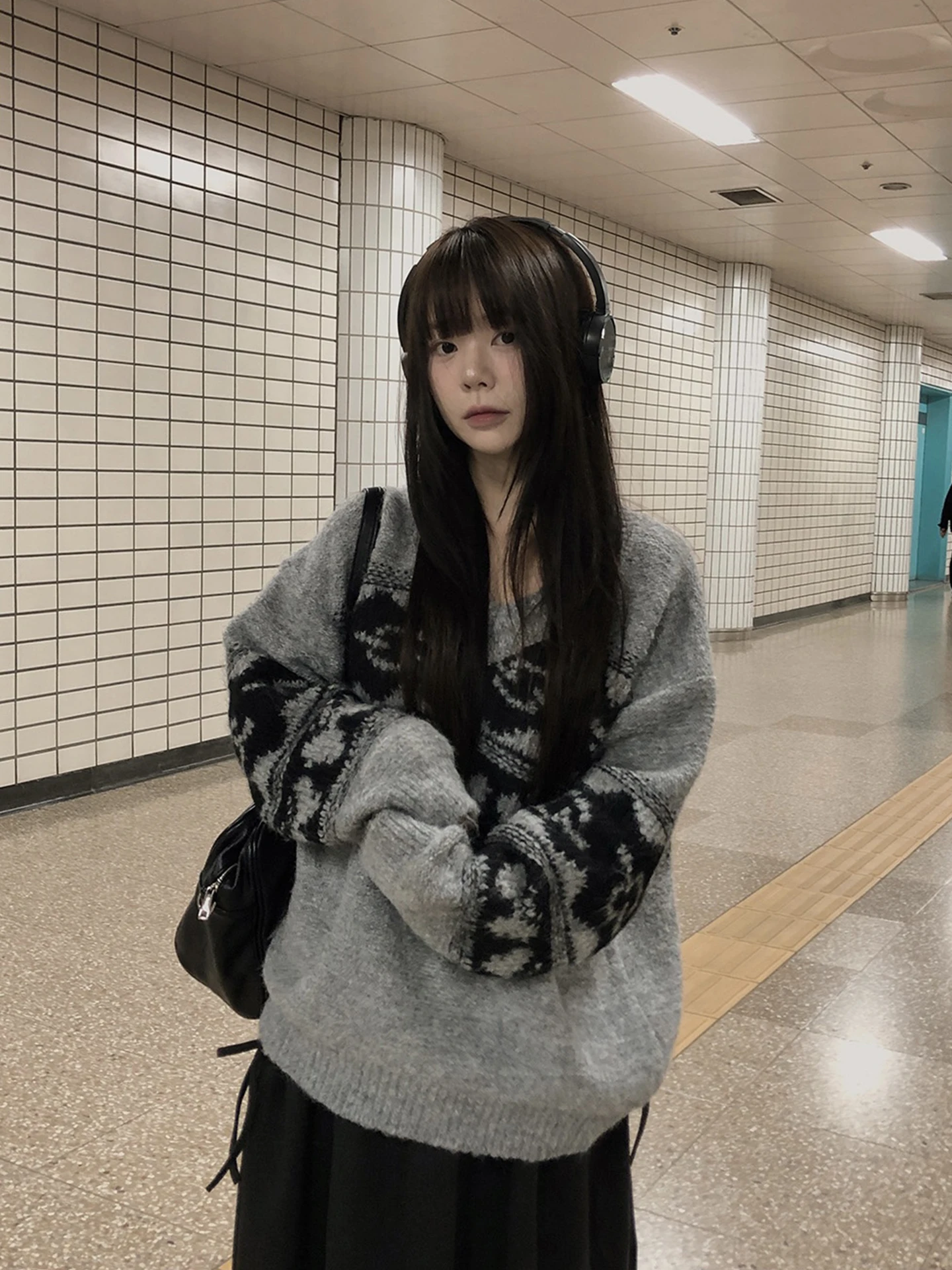 Pull tricoté ample en v pour femme, couleur Blo, à motifs floraux, rétro, assorti, toutes saisons, nouvelle collection hiver