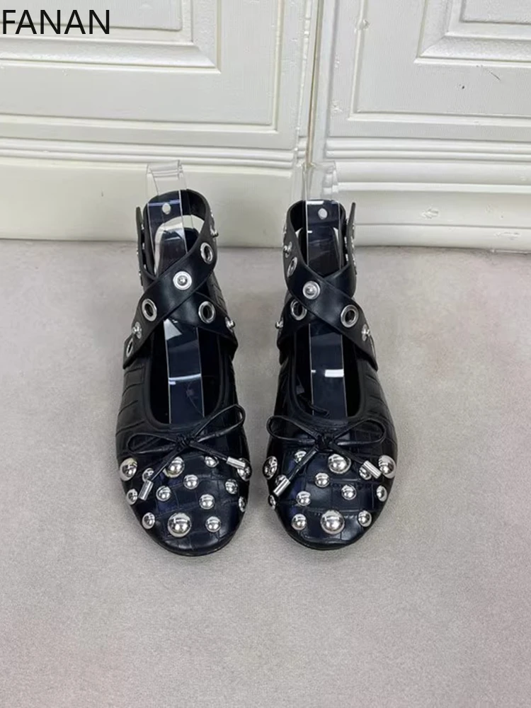 Round Head Flats Rivets Cross-buckle Straps Mary Jane Shoes Women's 2025 New Bow Ballet Low Heels Black Platform Pumps