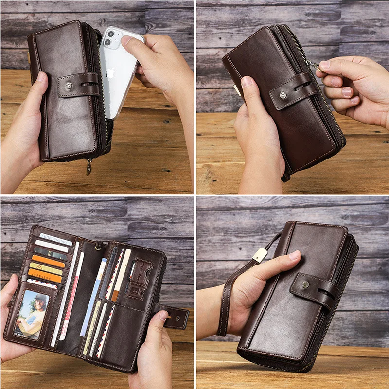 

HTS-M1266 Fashionable casual leather men's wallet with wrist strap, retro multifunctional hand-held zipper bag