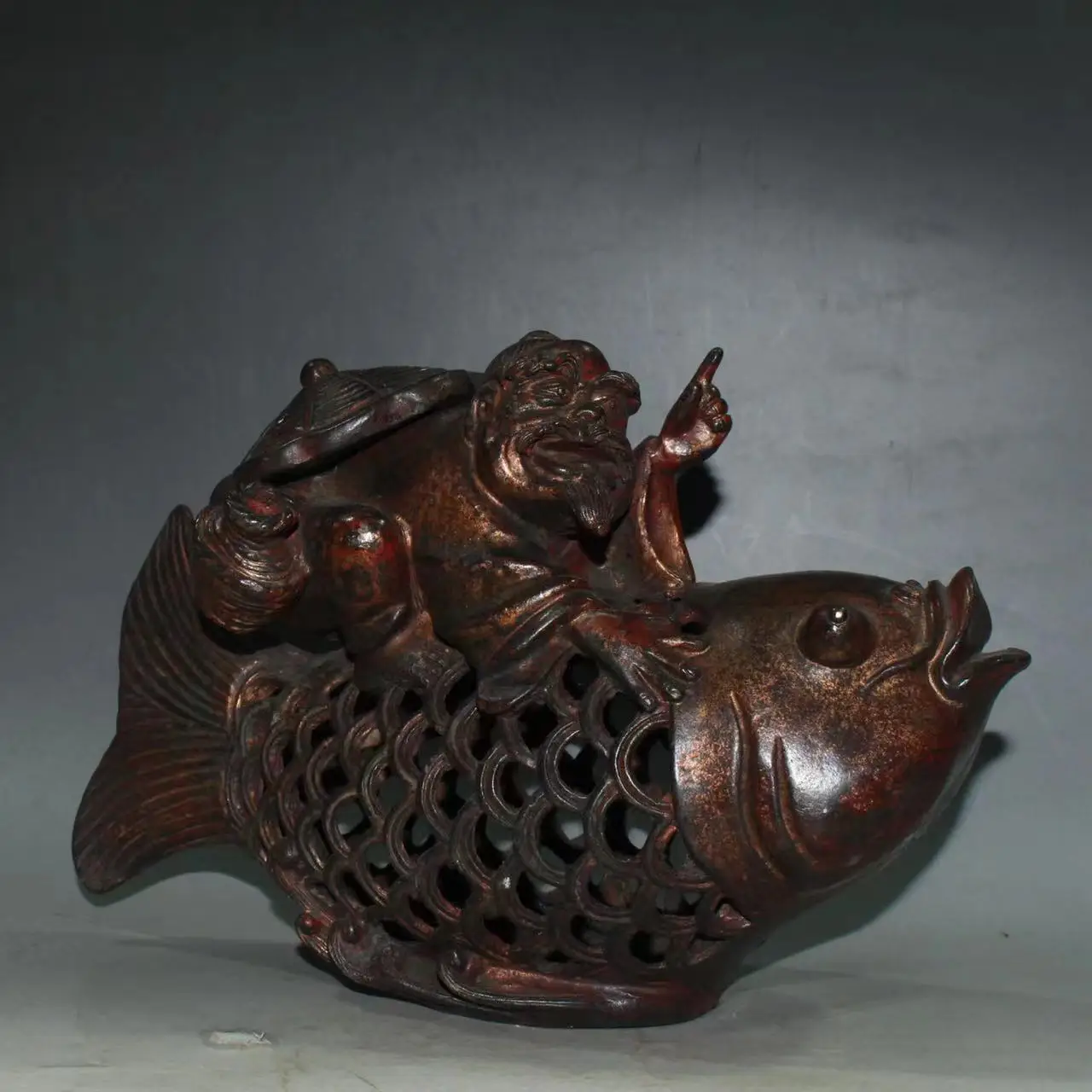 Old Qing Dyansty copper Fisherman statue,Handmade，Free shipping