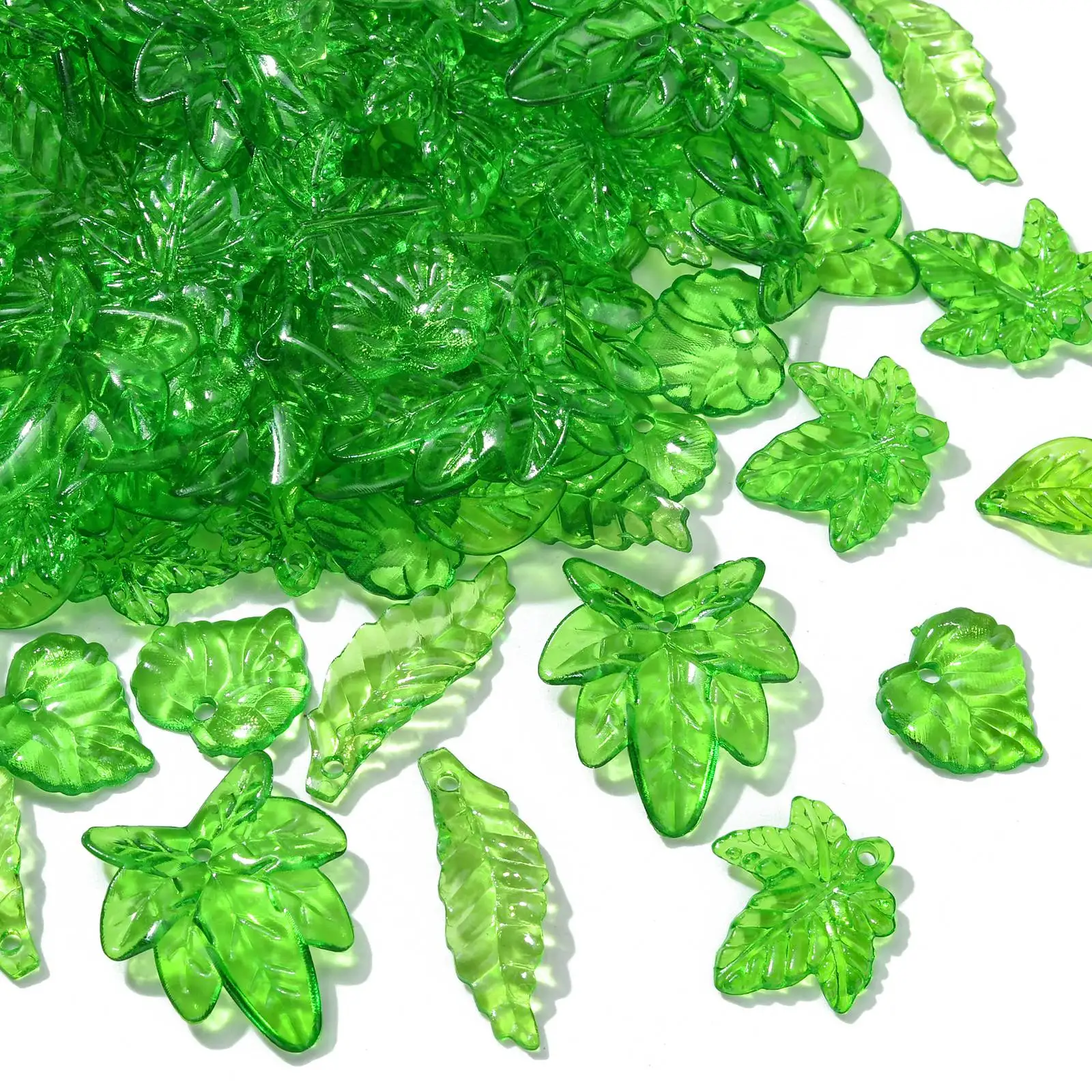 200Pcs Mixed Styles Green Acrylic Leaf Charms Transparent Plastic Leaf Shape Pendants for Jewelry Making Necklace Earring