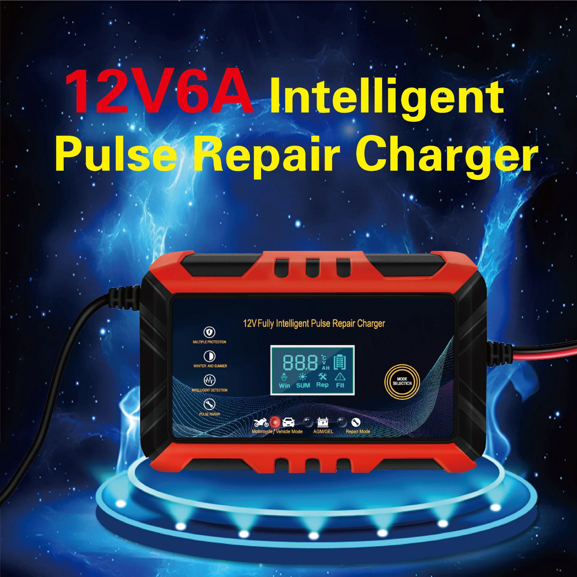 Car Battery Charger 12V 6A Intelligent Pulse Repair LCD Display Car Battery Motorcycle Battery Charging Battery Repair Charger