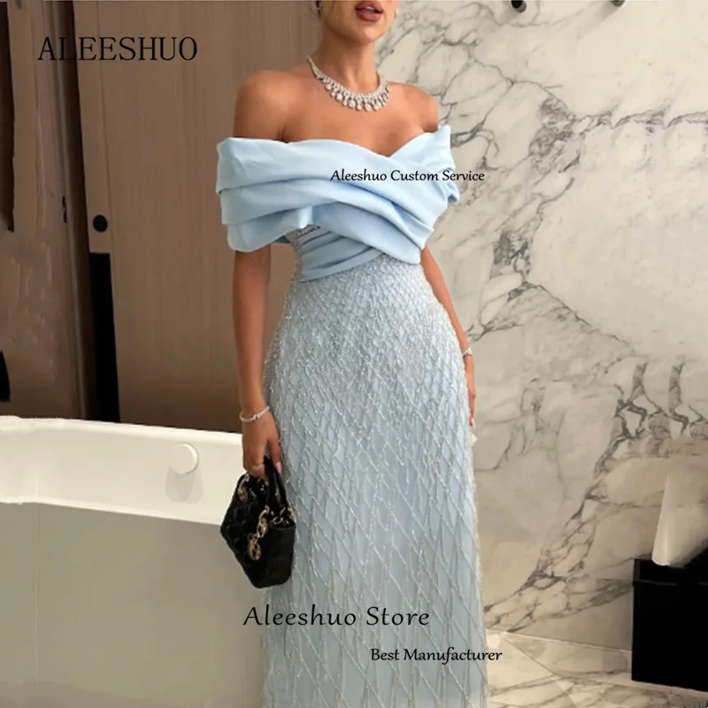 Aleeshuo Dubai Off The Shoulder Prom Dresses Tassel Saudi Arab Evening Dresses Ankle-Length Vestidos  فساتين السهرة Customized