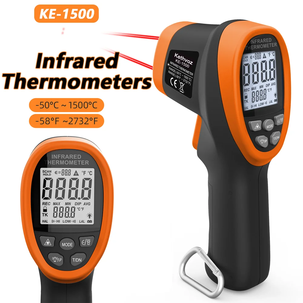 Digital infrared thermometers Laser thermometers KE-1500 Measure temperature -50℃ to 1500℃ IR temperature gun test with D:S=30:1