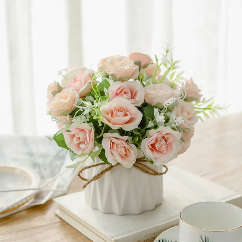 

Искусственная роза в керамическом горшке, реалистичное искусственное растение, декор для дома и офиса, имитация бонсай.