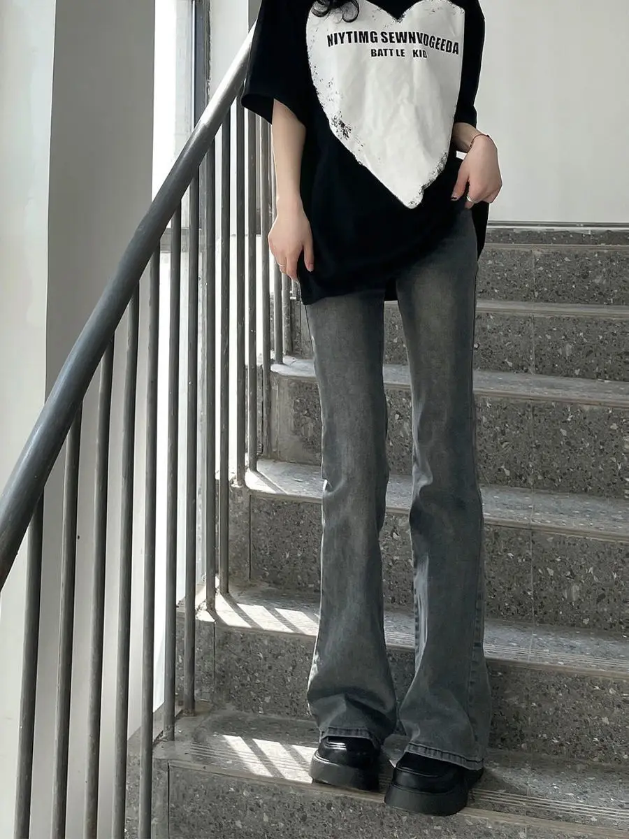 ハイウエストフレアストレートレッグジーンズ女性のプラスサイズ香港スレ秋の新しいハイストリートスリミングフロアレングスパンツ