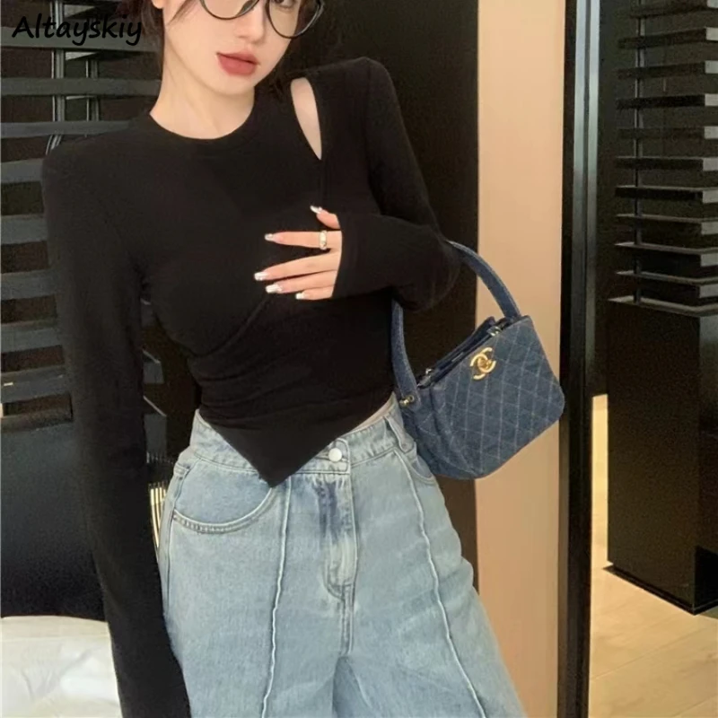 

Женская Асимметричная футболка с длинным рукавом, универсальные модные облегающие повседневные топы с вырезами, Элегантные повседневные нежные и соблазнительные Топы