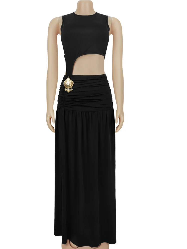 Kricesseen sexy recorte fenda maxi vestido chique feminino sem mangas ruched alta divisão clube vestido de festa roupas de natal noite fora wear