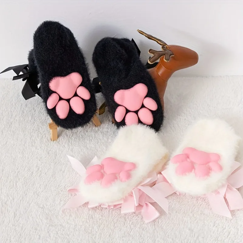 Women's 3D Cat Paw Coral Fleece Bow Calf Socks, Cute Winter Floor Socks for Cosplay, Home & Daily Wear One Size