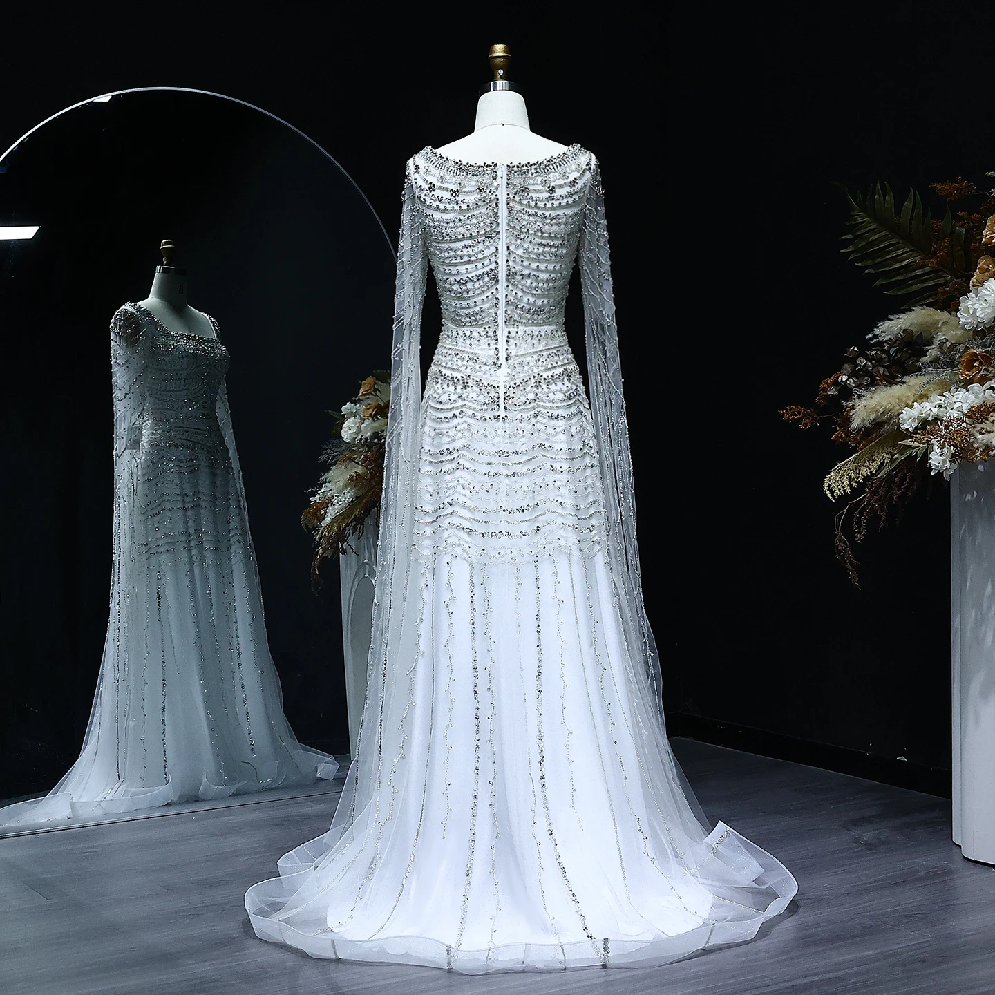 Sharon Said 2025 Dubai Luxury Nude Arabic Evening Dress wih Cape Sleeves Blue White Women Wedding Party Gowns SS591 Customized image 6