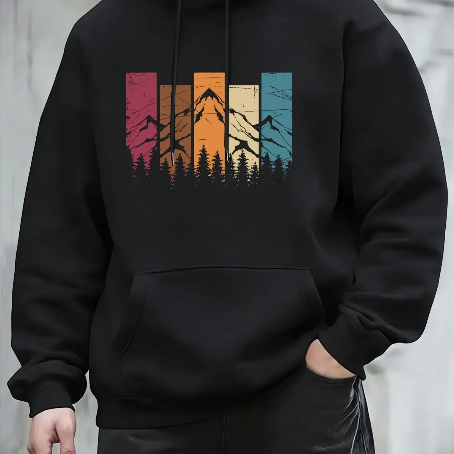 2026 Autumn and winter men's hooded sweatshirt, retro contrasting color mountain forest print hip-hop casual style