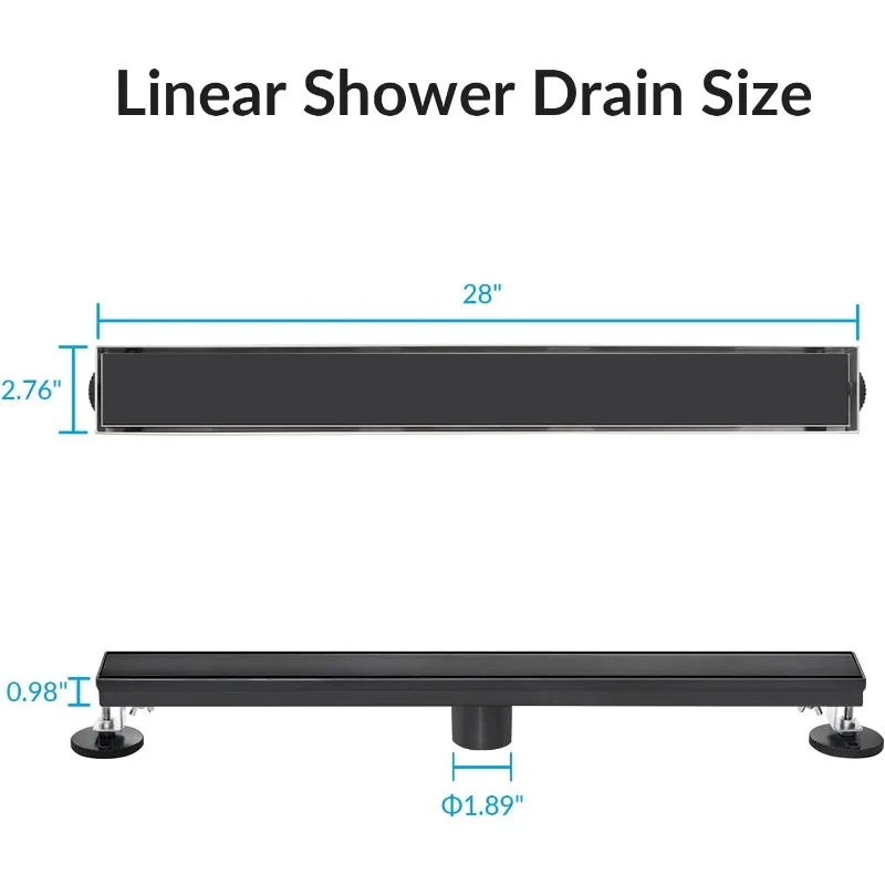 28 Inch Linear Shower Drain Matte Black Floor Drain for Bathroom Kitchen Rectangular 2 in 1 Floor Drain Tile Insert Cover