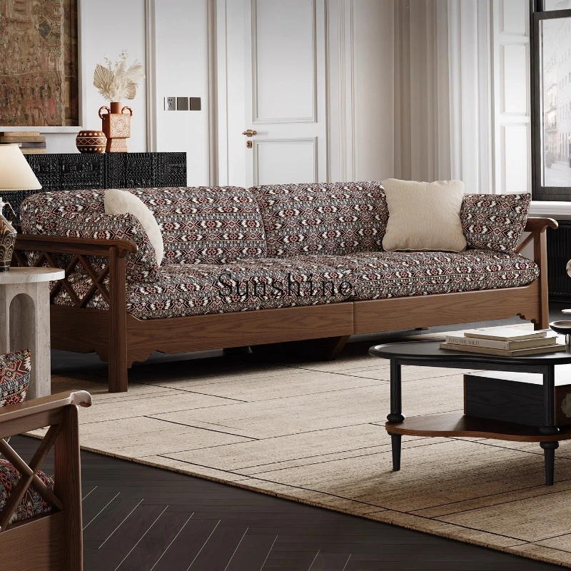 

Modern retro solid wood sofa, living room large flat layer straight row fabric sofa 123 combination removable and washable