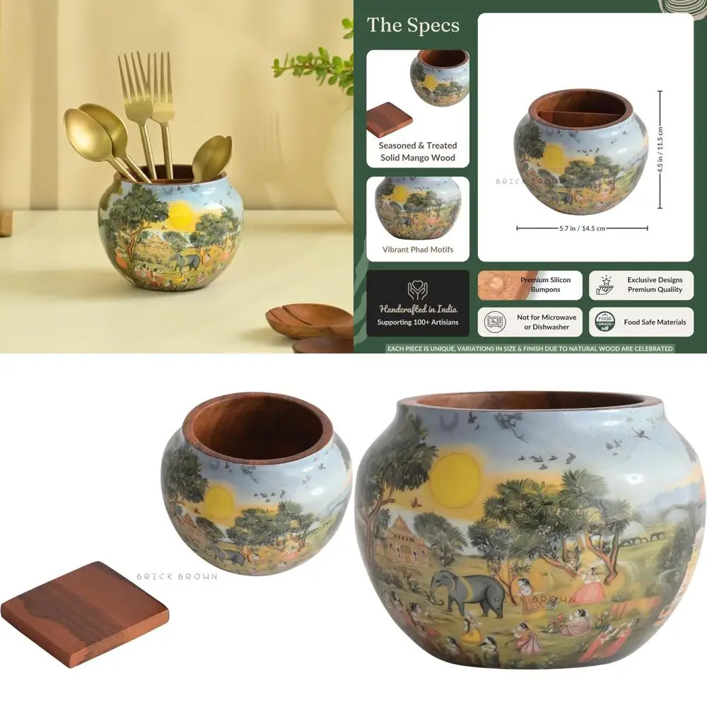 

Wooden Cutlery Holder with Removable Caddy for Kitchen and Dining Table Storage, 5.7x5.7x4.5 inches