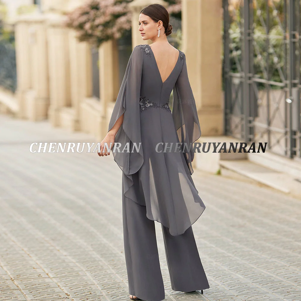 Elegant Chiffon Mother Of Bride Pant Suit For Wedding Backless Zipper Lace Applique Formal Women jumpsuit Evening Occasion Gowns