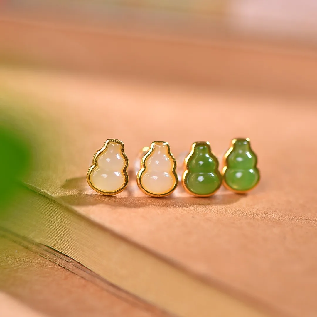 

S925 Silver Inlaid Hetian Jade Gourd Earrings