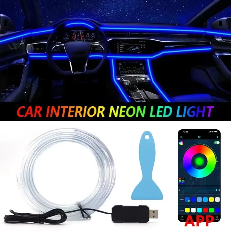 Car RGB Ambient LED Light Strip Flexible Fiber Optic Neon Atmosphere Interior Decoration App Control USB Car Interior Lighting