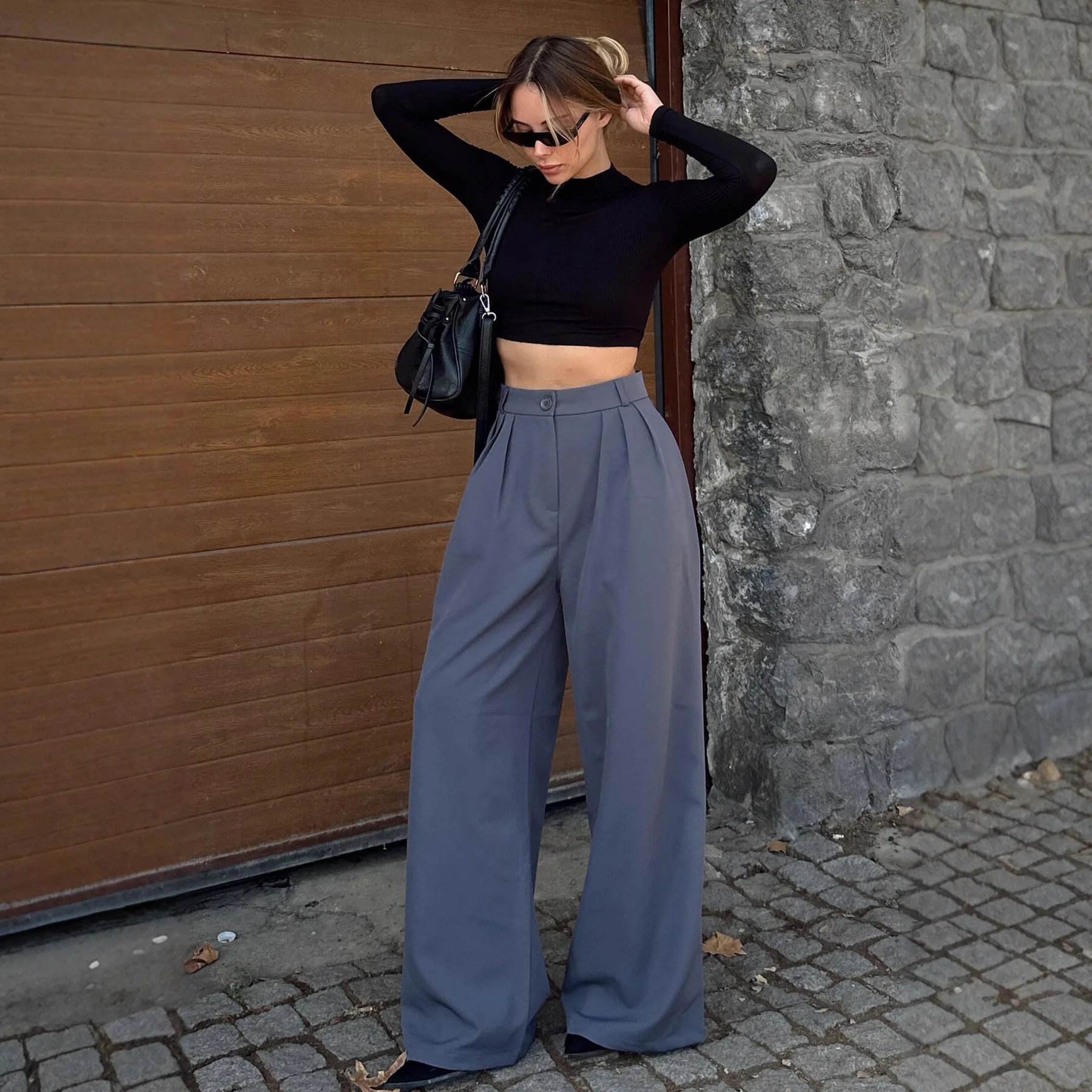 Chic New Elegant High Waist Autumn Capris Winter Loose  Women's Trousers Mopping Casual Solid Color Office Suit Pants