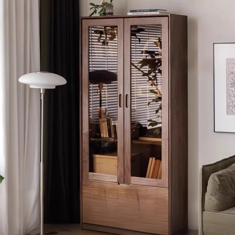 

Книжный шкаф со стеклянными полками и встроенным настенным шкафом для хранения