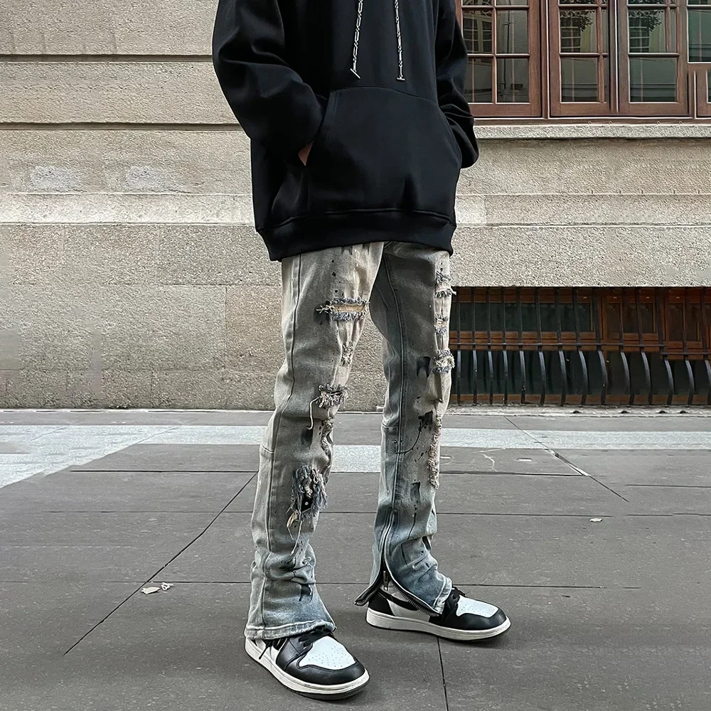 Skinny Jeans Men Graphic Ripped Denim Pants Y2k Streetwear Summer Splash-ink Autumn Vaqueros Pantalones Fit High Street Trousers