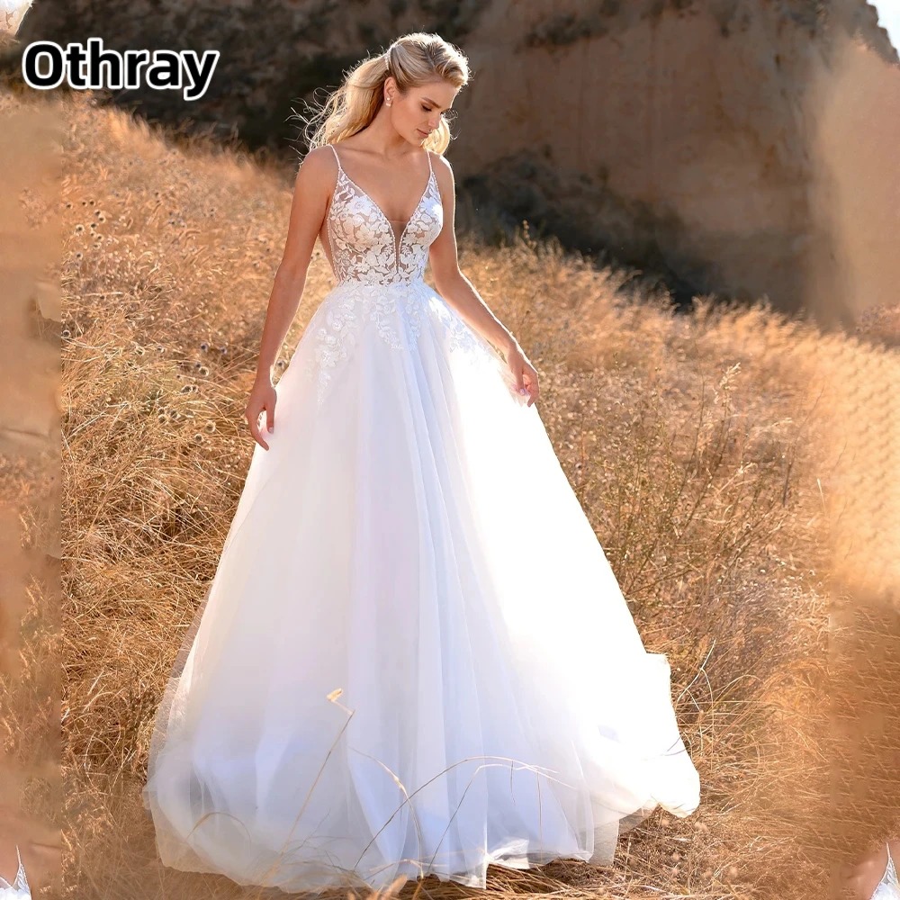 

Othray Sexy Spaghetti Straps V-neck Lace Applique Backless Boho Beach A Line Wedding Dresses Custom Made Vestido De Noival