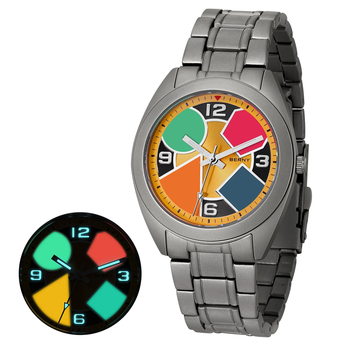 

BERNY Titanium Watch for Men AR Coating Sapphire Contrasting Geometric Dial Multi-color Luminous Canvas Titanium Watch for Men